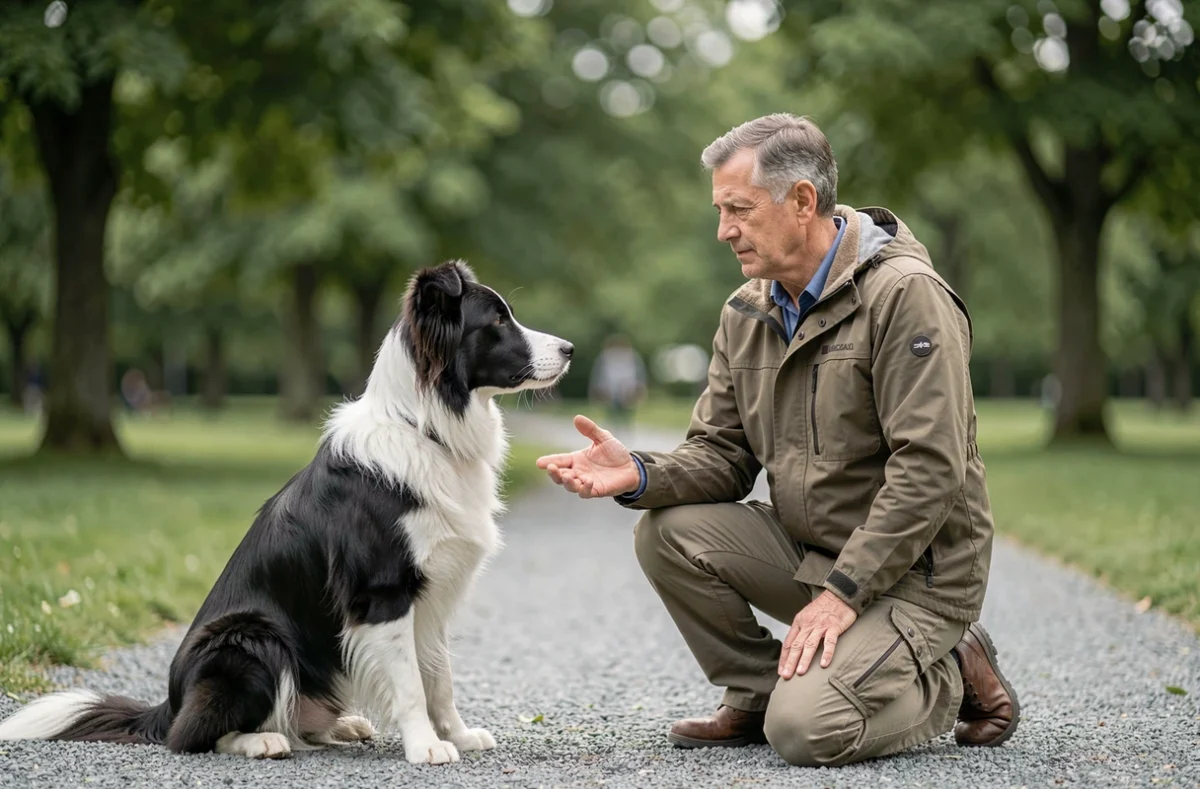 Homme responsable en train de dresser son border collie dans un parc avec une commande gestuelle