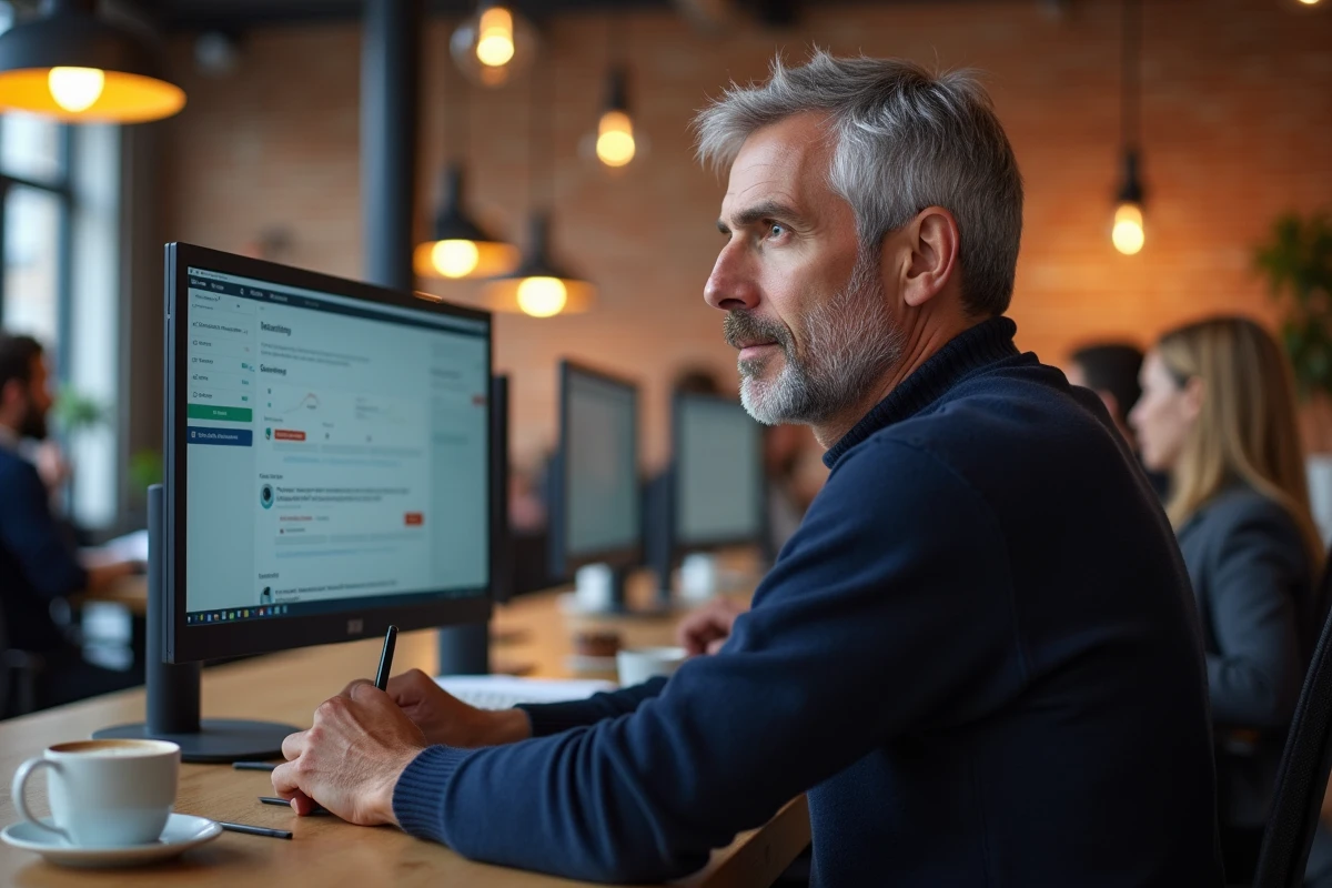 Homme en formation professionnelle en ligne dans un espace de coworking moderne