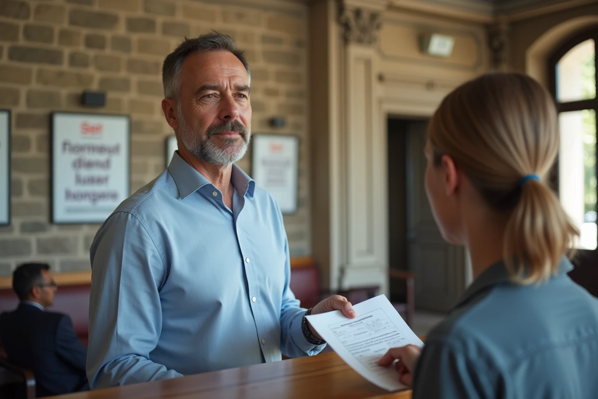 Homme déposant une demande d'aide de 300 euros au guichet de la mairie
