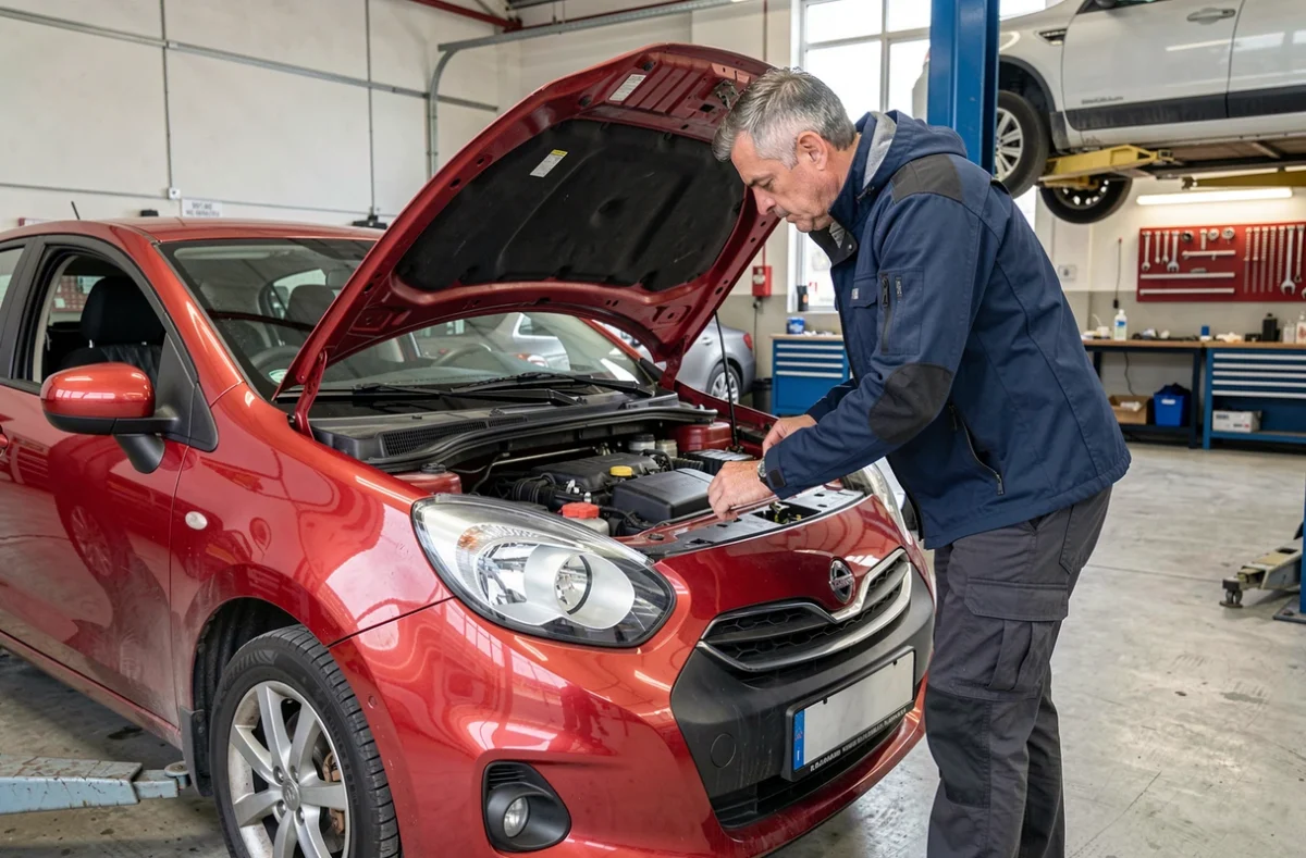 Homme inspectant le moteur d'une voiture compacte rouge dans un atelier automobile, entretien et conseils mécaniques