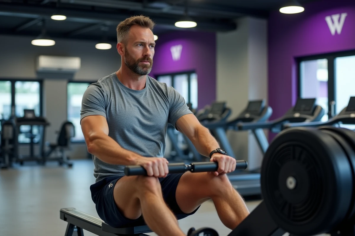 Homme sur rameur en salle de sport Basic Fit pour travailler les abdominaux et perdre du ventre