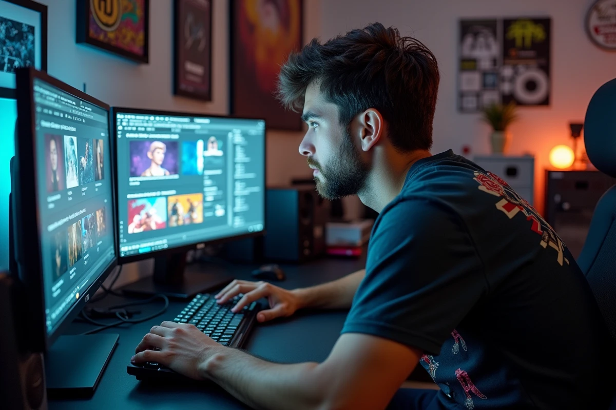Homme passionné de geek culture consultant des leaks sur un setup multi-écrans