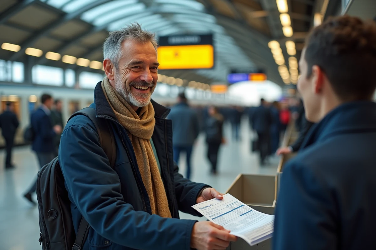Homme à la gare remettant un bon de voyage et confirmation