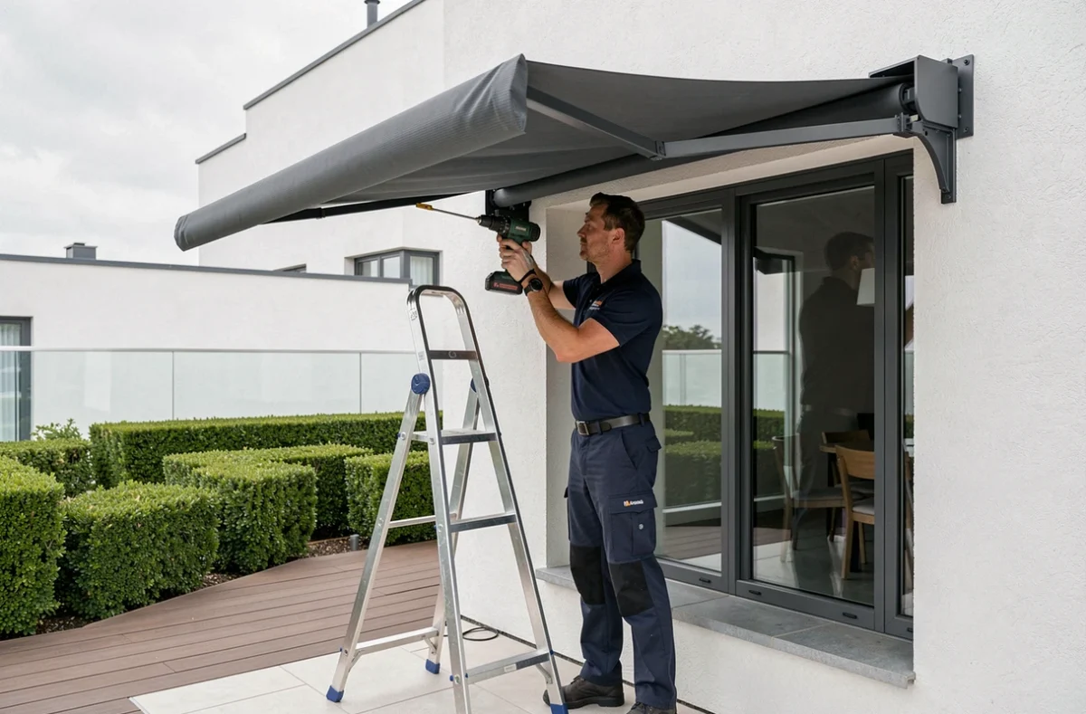Installateur professionnel posant un store banne à cassette anthracite sur la façade d'une maison contemporaine avec terrasse en composite