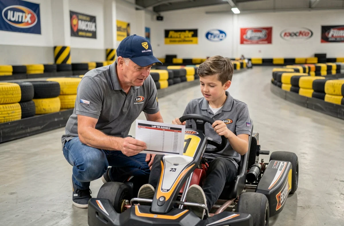 Instructeur de karting conseillant un pilote amateur sur l'analyse des chronos dans un centre de karting couvert en Belgique