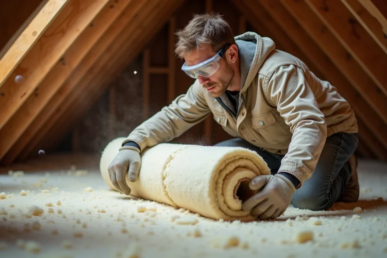 Artisan posant de la laine minérale entre les chevrons d'un grenier pour isoler la toiture efficacement