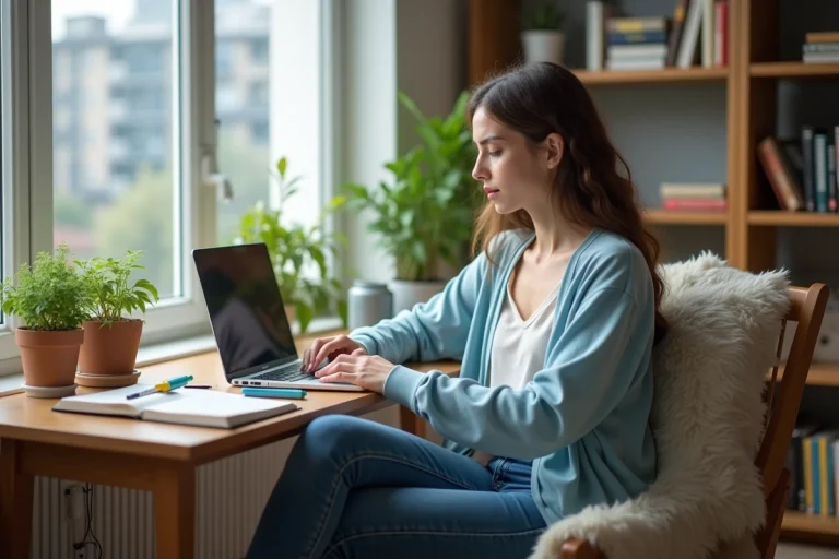 Jeune femme concentrée à étudier sur son ordinateur portable