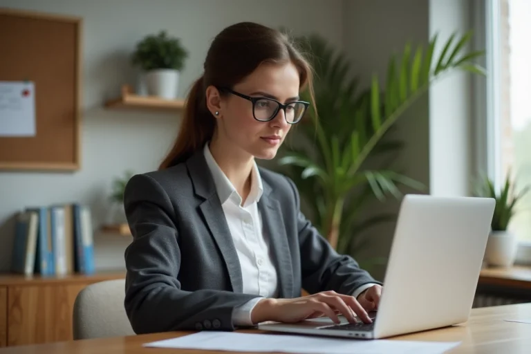 Jeune femme en bureau moderne rédigeant son CV sur un ordinateur