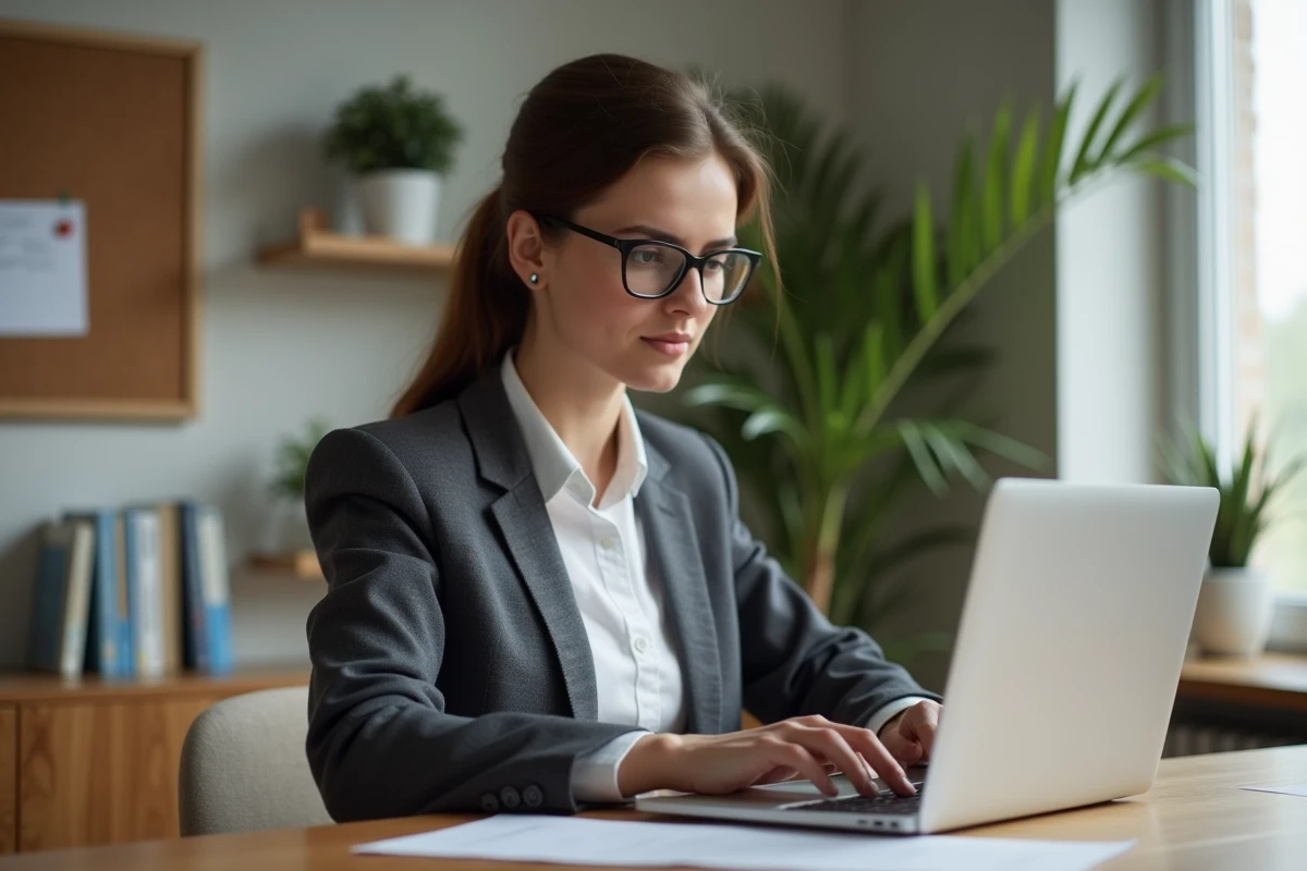 Jeune femme en bureau moderne rédigeant son CV sur un ordinateur