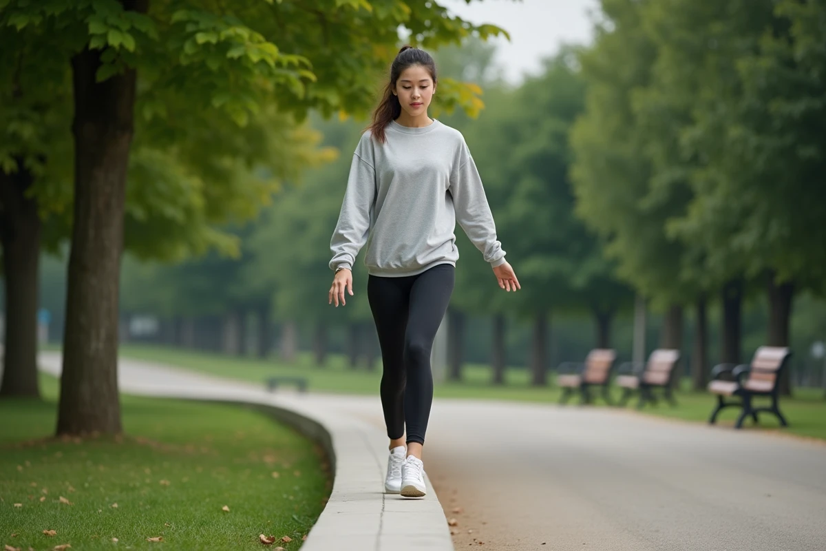 Jeune femme marchant sur une bordure dans un parc