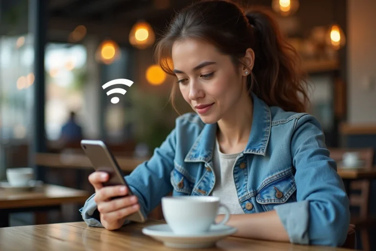 Jeune femme regardant le wifi sur son smartphone dans un café