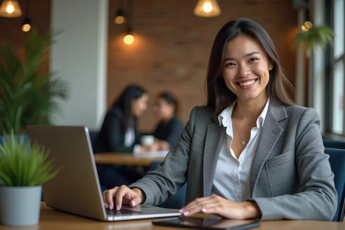 Jeune femme confiante travaillant sur son ordinateur portable
