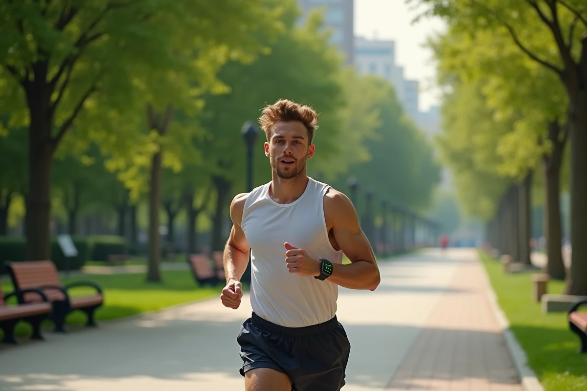 Jeune homme courant dans un parc urbain vert