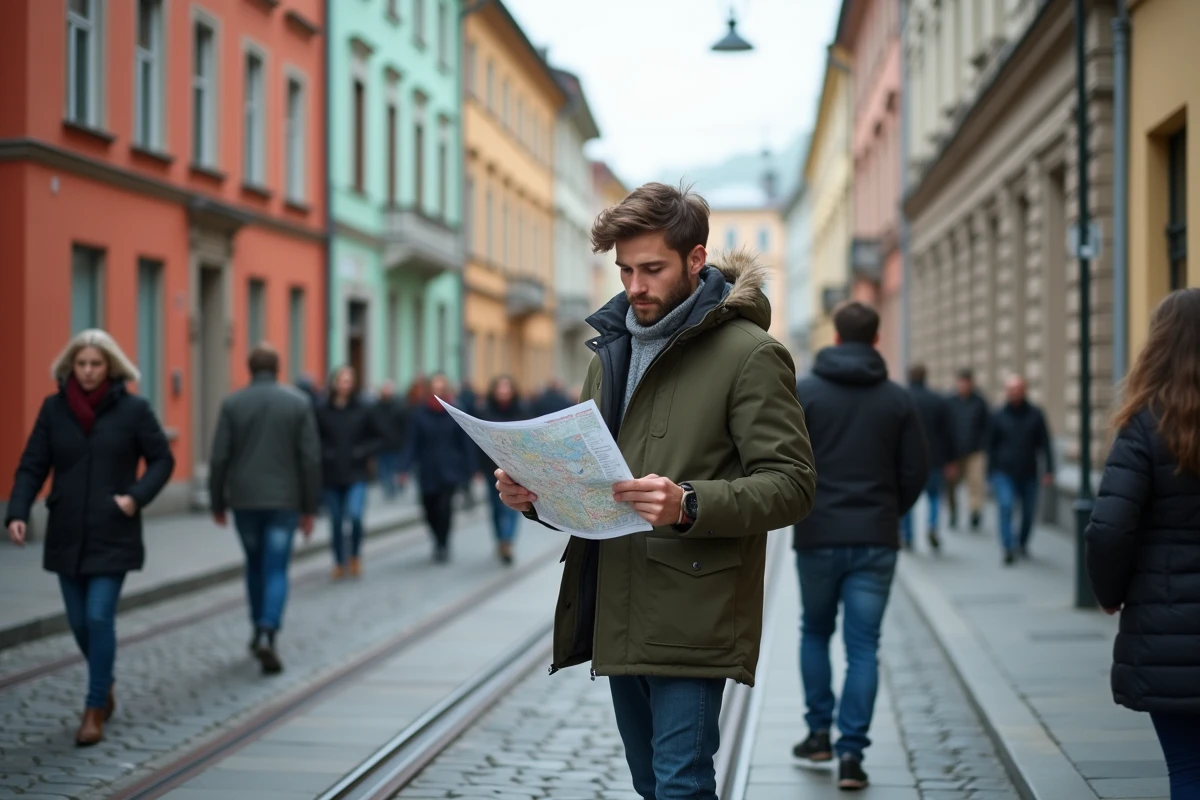 Jeune homme regardant une carte dans la rue de Lviv