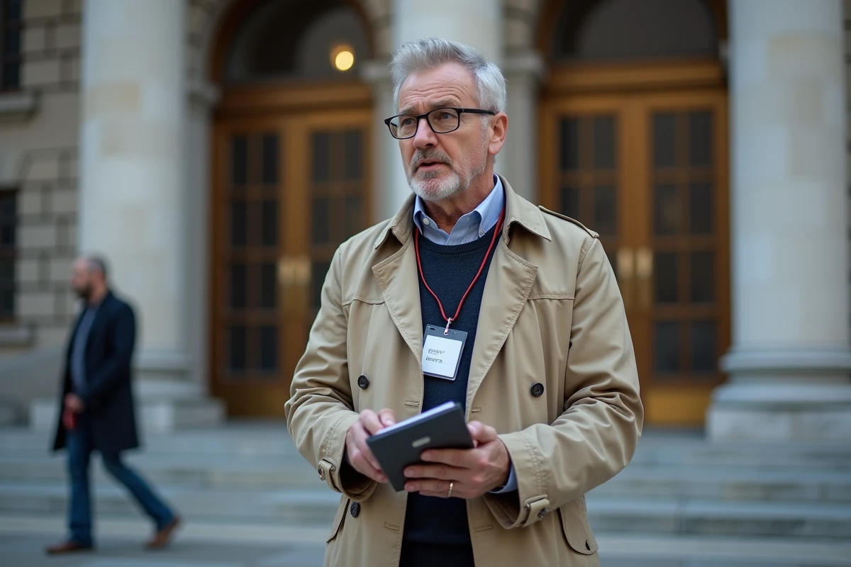 Journaliste politique avec accréditation presse interviewant une source devant un bâtiment gouvernemental néoclassique