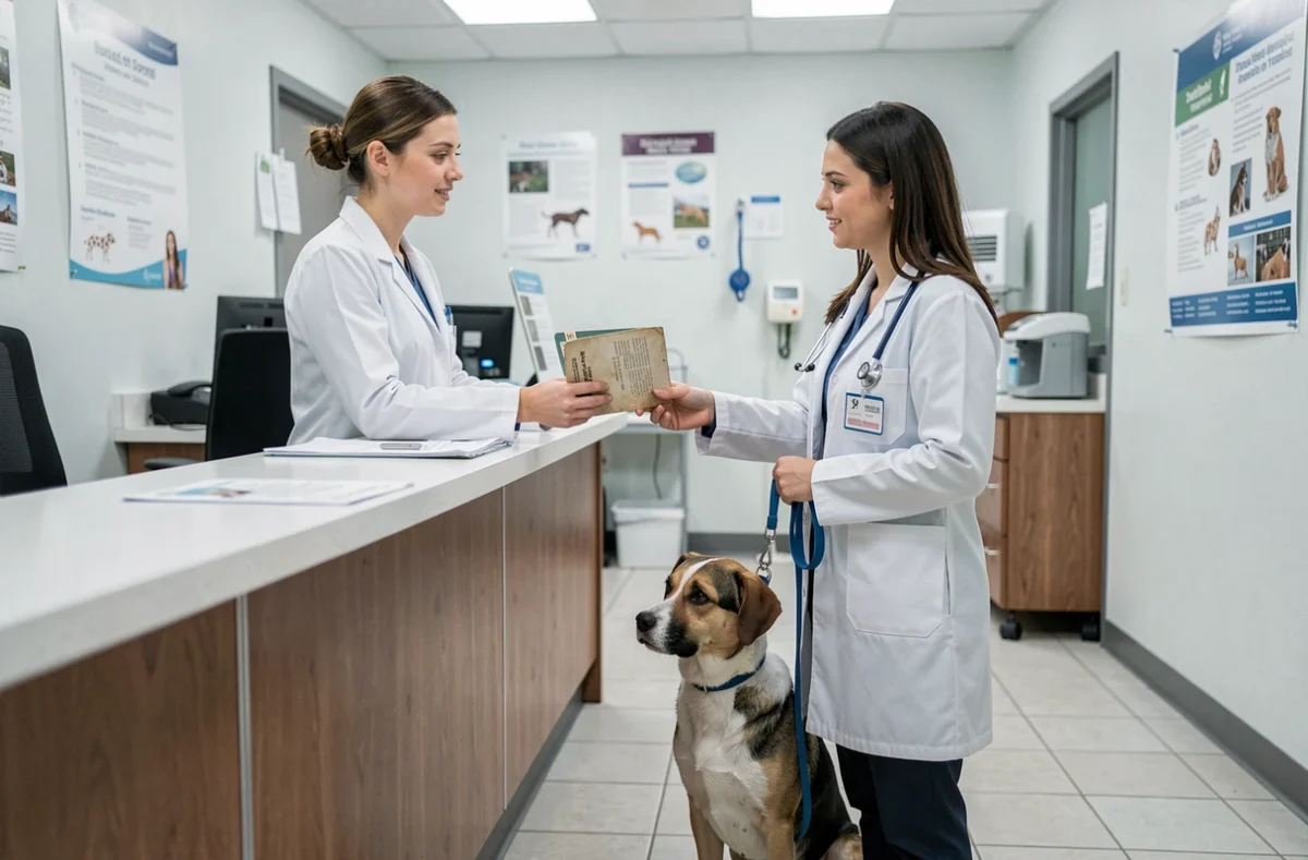 Maîtresse responsable remettant le carnet de santé de son chien au vétérinaire lors d'une consultation