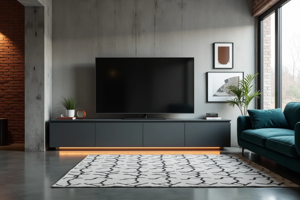 Meuble TV d'angle anthracite dans un salon industriel avec sol en béton ciré et canapé velours sarcelle