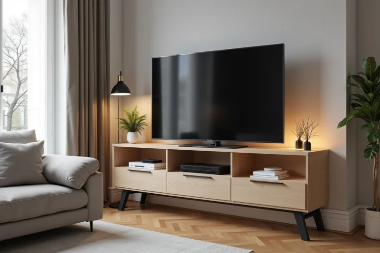 Meuble TV d'angle en chêne clair avec étagères géométriques dans un salon moderne aux tons neutres chauds