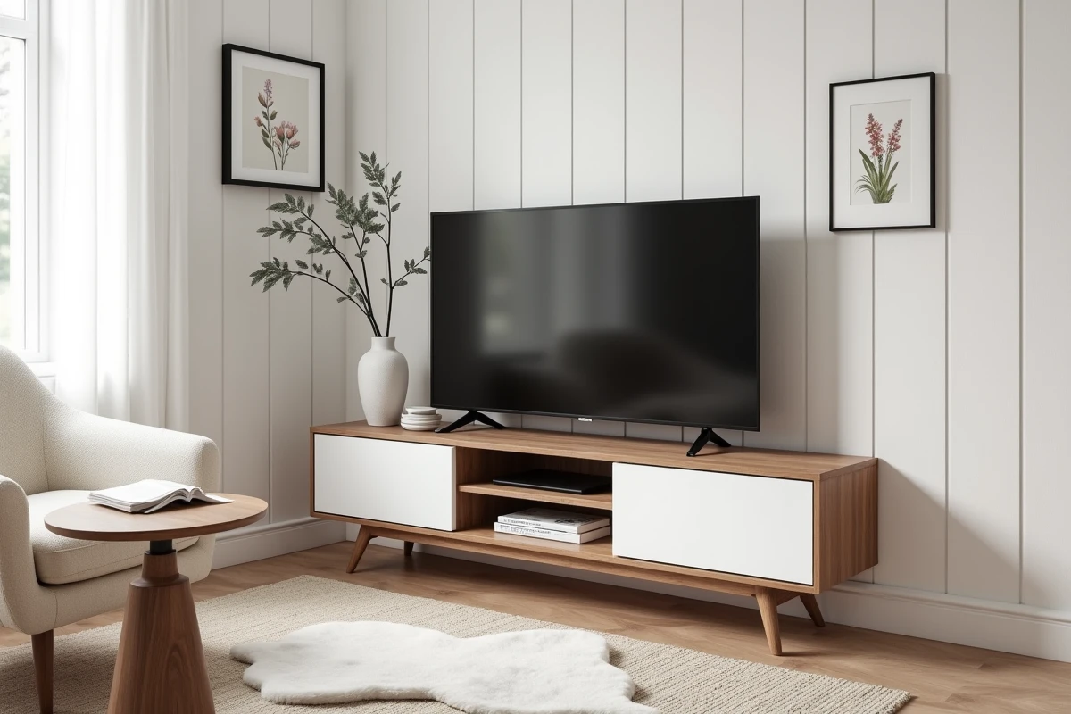 Meuble TV d'angle scandinave blanc et noyer dans un salon cosy aux accents naturels et panneaux bois blancs