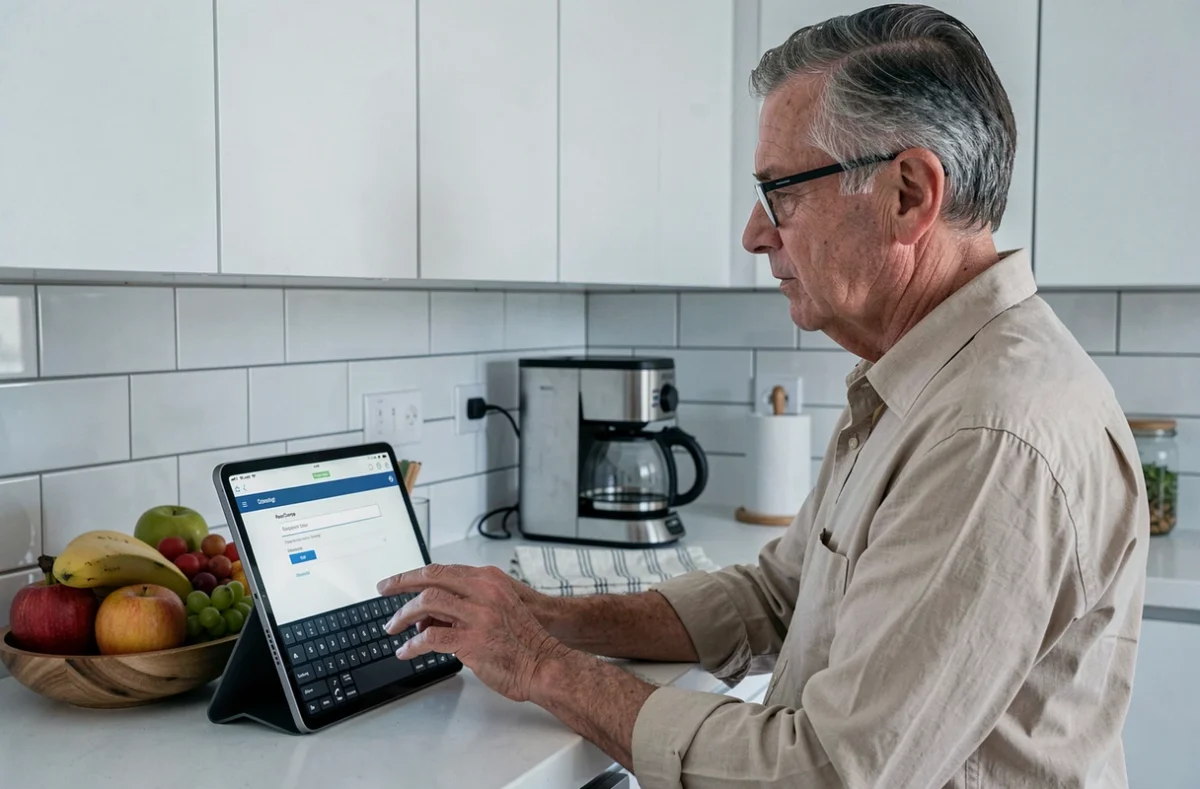 Un homme modifie le mot de passe de son interface box internet depuis une tablette posée dans la cuisine