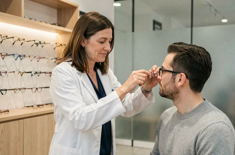 Opticienne ajustant des lunettes sur un client dans une boutique d'optique moderne et accueillante