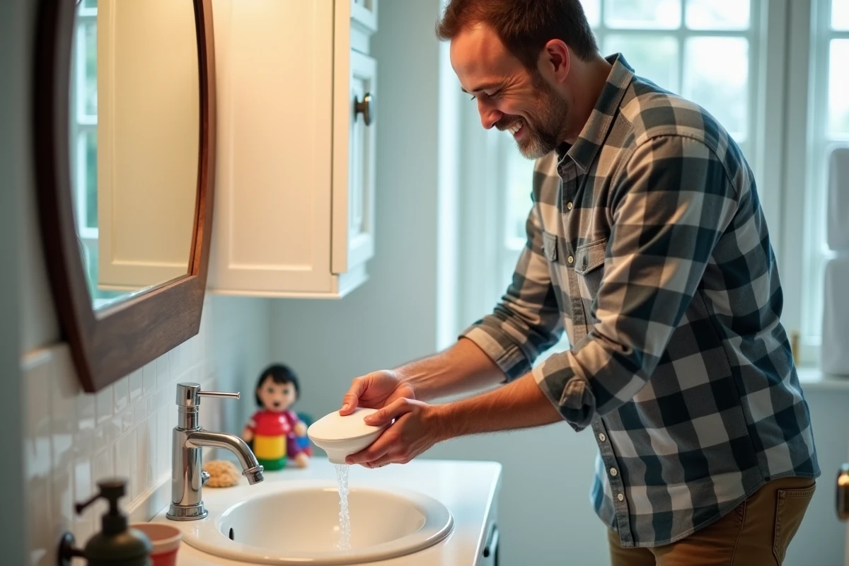 Père rinçant un booster de toilette sous le lavabo