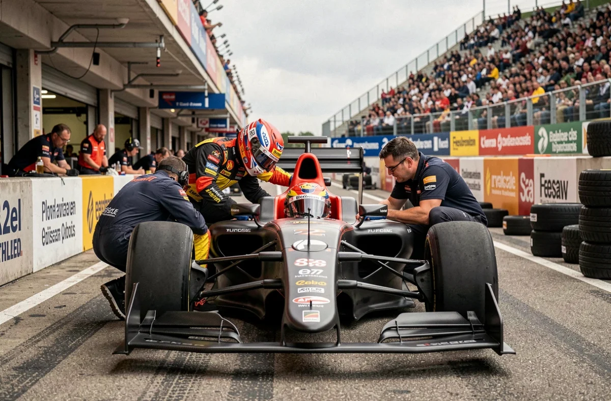 Pilote de course en combinaison ignifuge montant dans une monoplace sur la pit lane d'un circuit belge lors d'une compétition de sport automobile