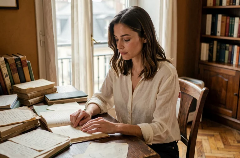 Jeune femme prénommée Lucie parcourant des lettres anciennes dans un appartement parisien, évoquant l'histoire et la signification du prénom