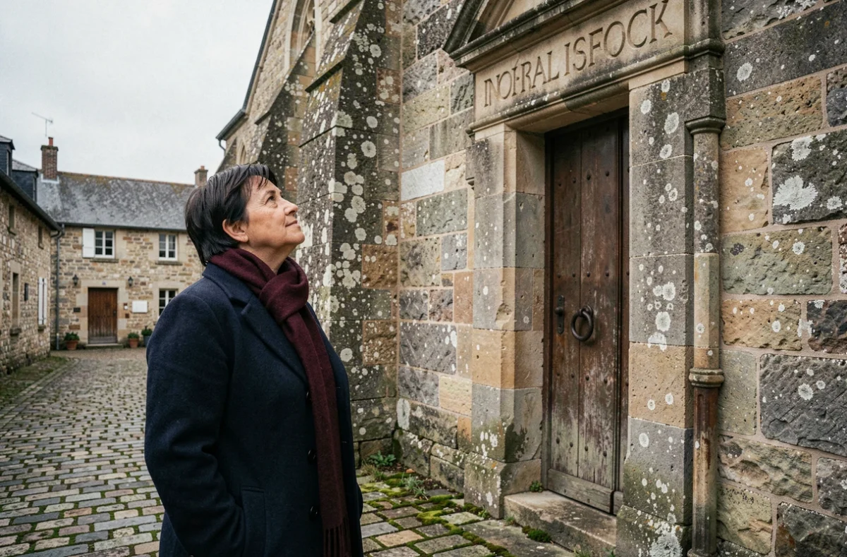 Femme devant une église médiévale de village français explorant l'étymologie et les origines historiques du prénom Lucie