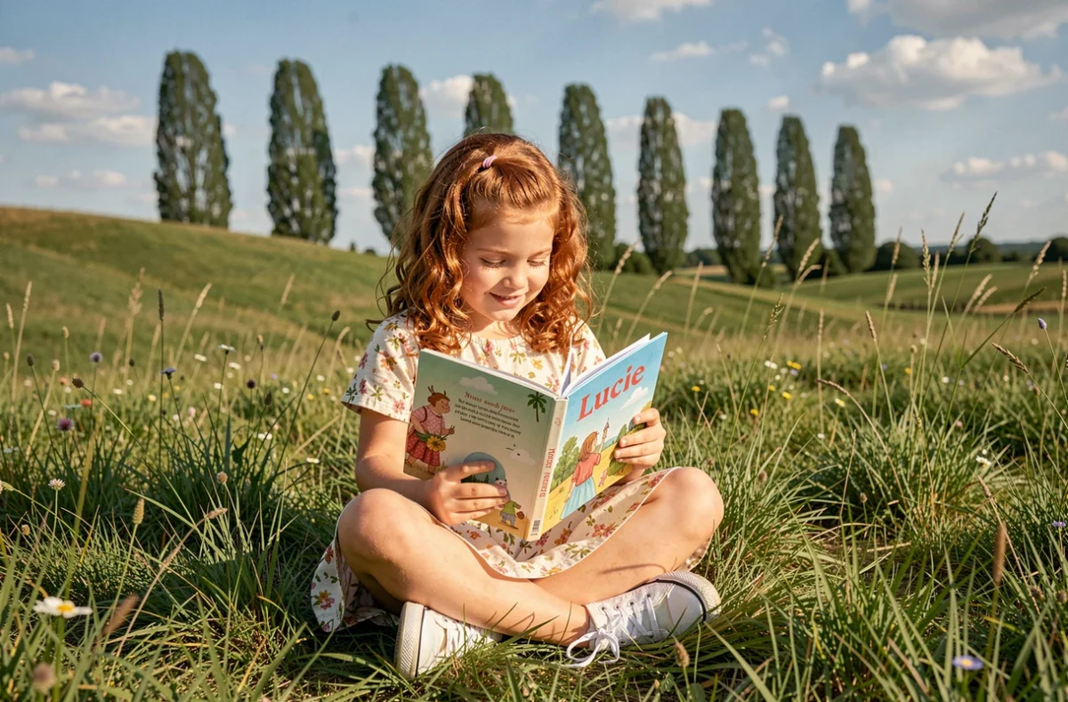 Fillette lisant un livre illustré portant le prénom Lucie dans une prairie française, symbolisant la popularité et la douceur de ce prénom