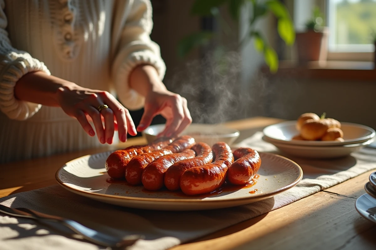 Femme disposant des merguez sur un plat lors du repas