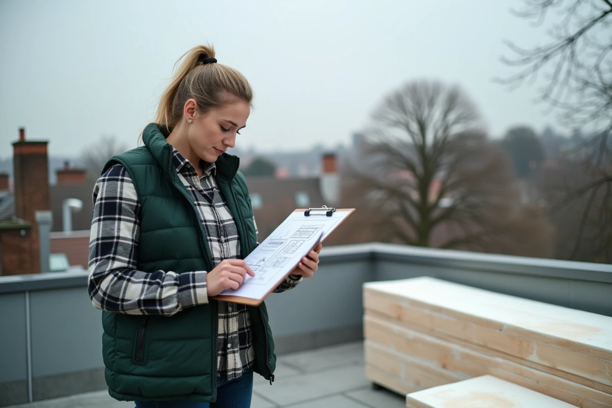 Femme architecte examinant un plan d'isolation thermique sur un toit résidentiel avec des panneaux isolants rigides