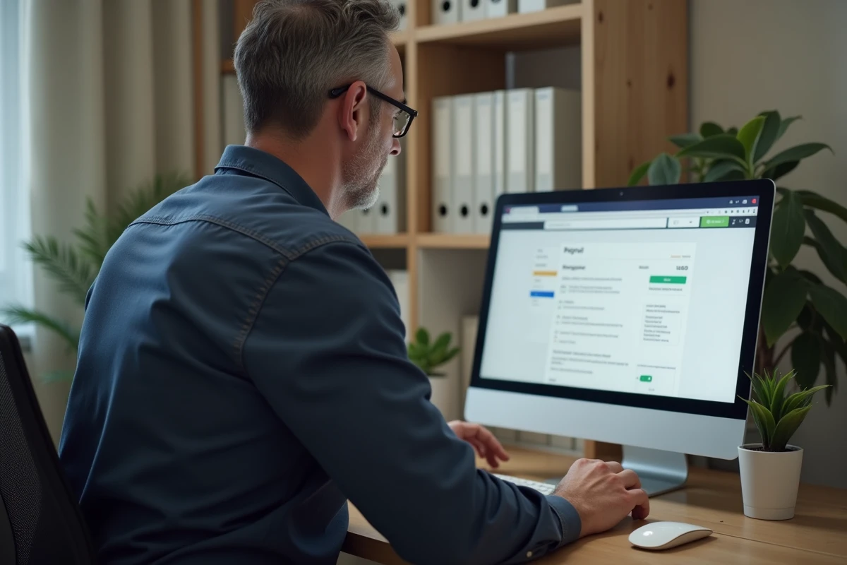 Salarié accédant à ses bulletins de salaire en ligne depuis son bureau à domicile sur le portail Alis BNP Paribas