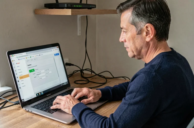 Un homme d'une quarantaine d'années sécurise l'accès à l'interface de sa box internet depuis son bureau à domicile