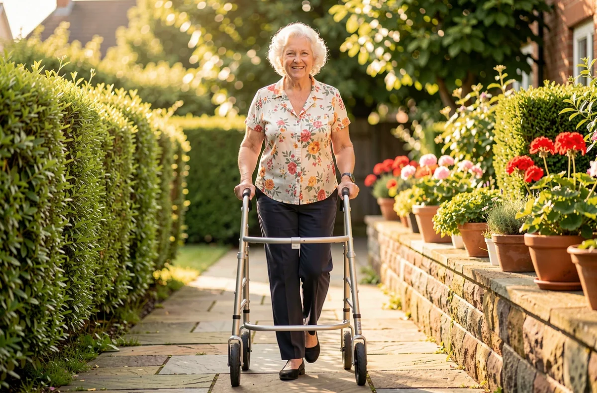 Femme âgée marchant dans un jardin ensoleillé avec un déambulateur léger et pliable, aide à la mobilité et équipement senior pour l'autonomie au quotidien