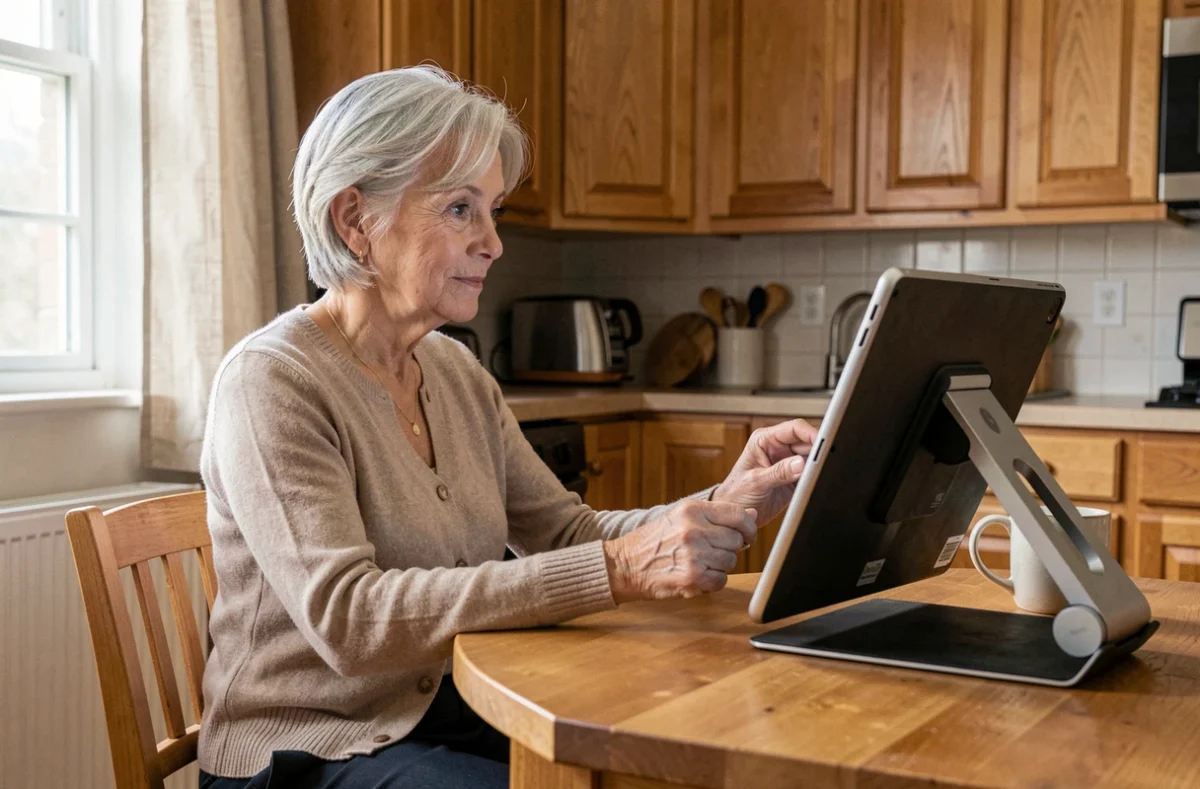 Senior femme utilisant une tablette grand écran avec support ajustable dans sa cuisine, équipement numérique pour améliorer le quotidien des personnes âgées