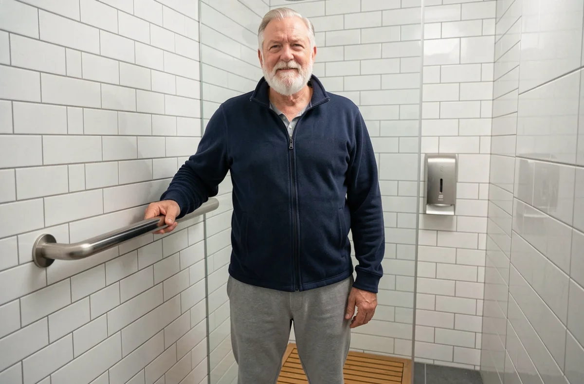 Homme senior s'appuyant sur une barre d'appui en acier inoxydable dans une salle de bain accessible et sécurisée, équipement d'adaptation domicile pour personnes âgées