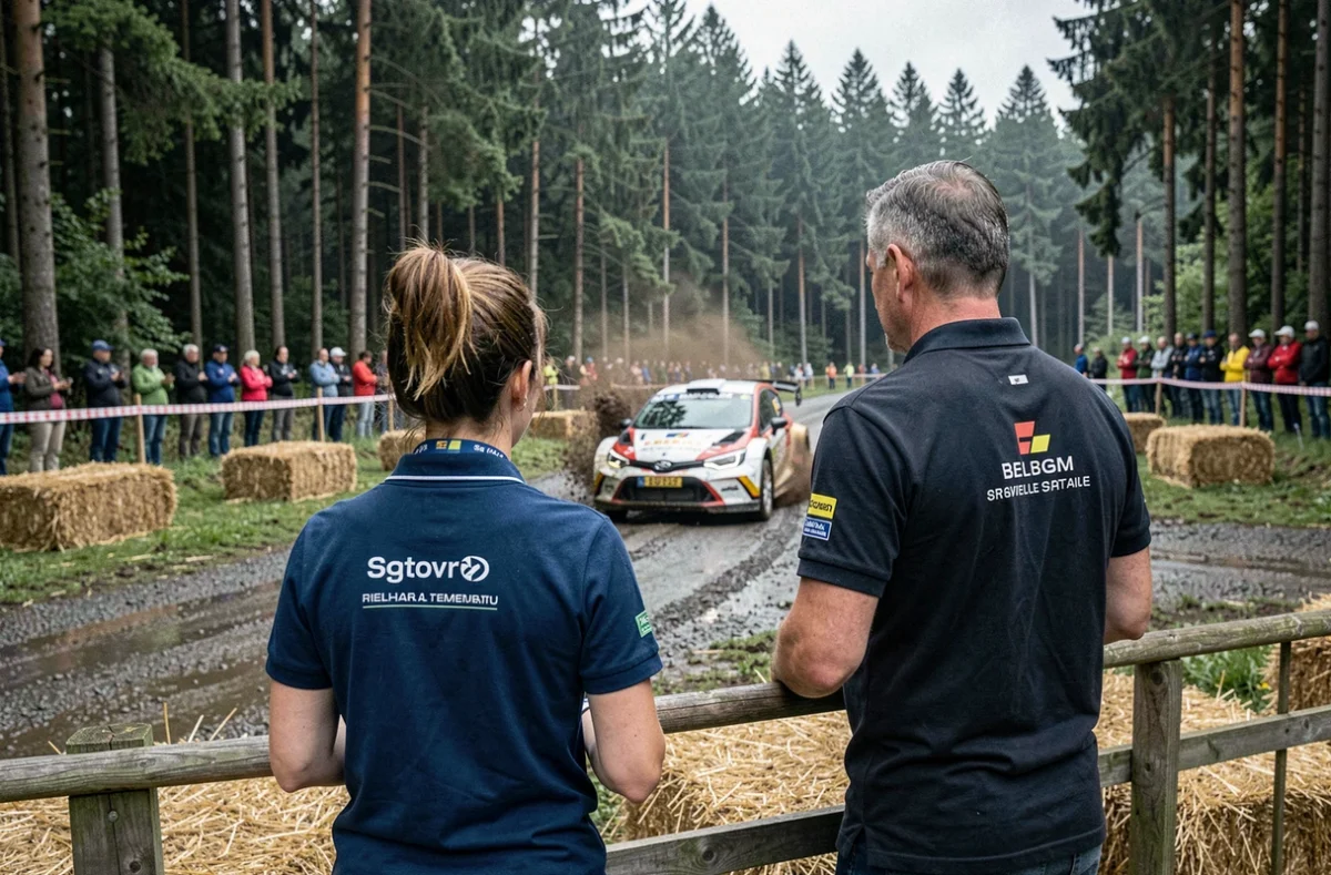Deux spectateurs passionnés de sport automobile observant une voiture de rallye sur une spéciale forestière dans les Ardennes belges