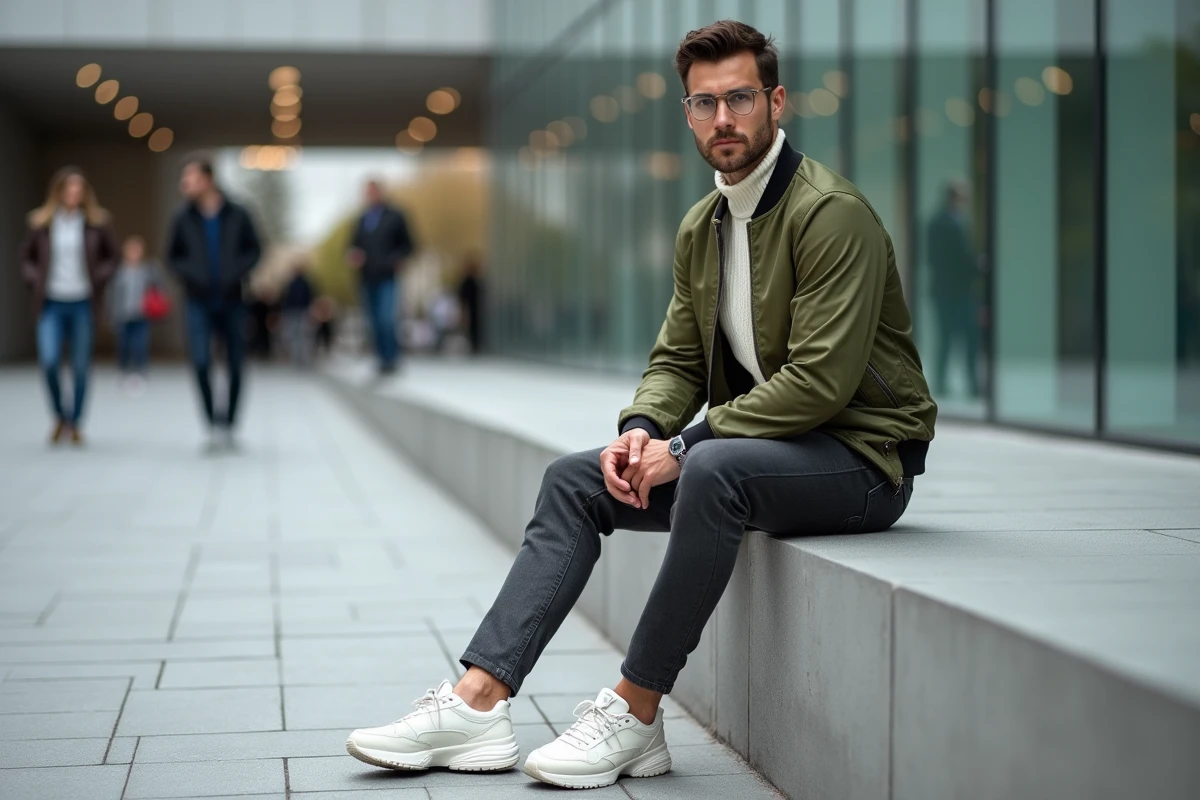 Homme tendance en bomber kaki et sneakers dans une place urbaine moderne, style masculin contemporain