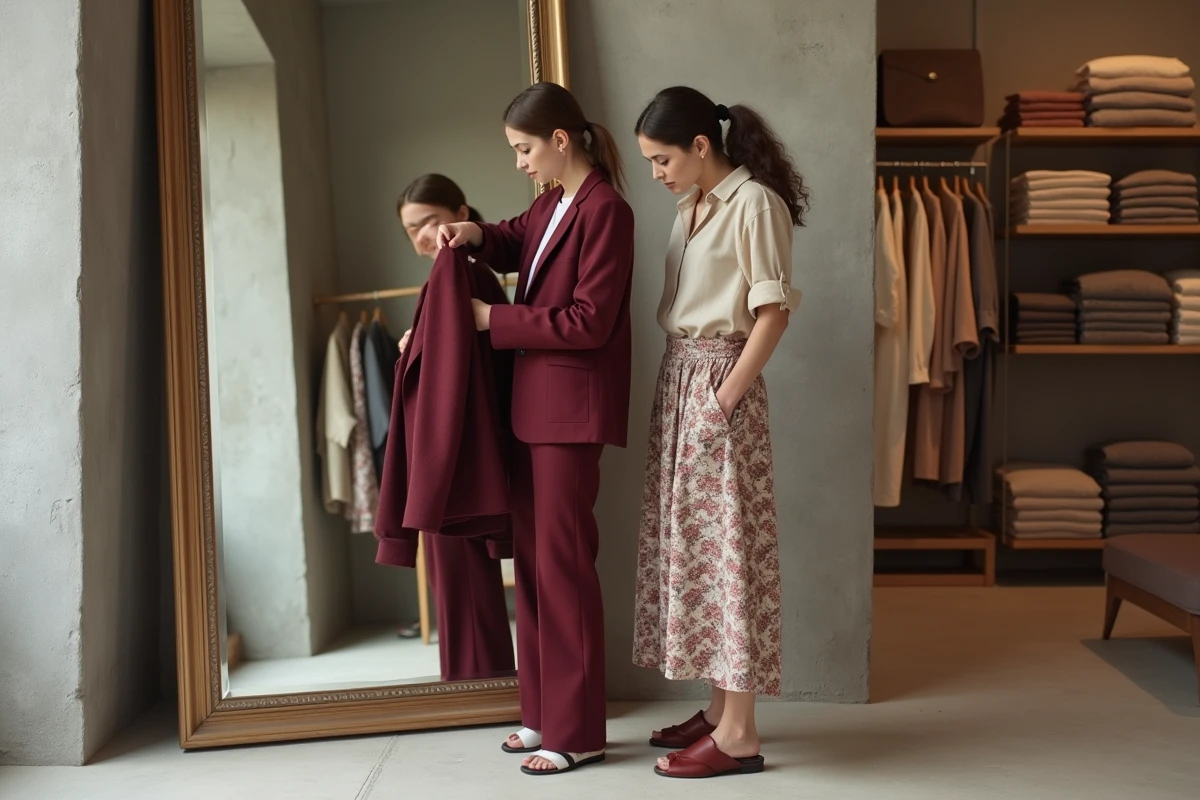 Deux femmes explorant des tenues tendance dans une boutique de mode minimaliste avec miroir vintage