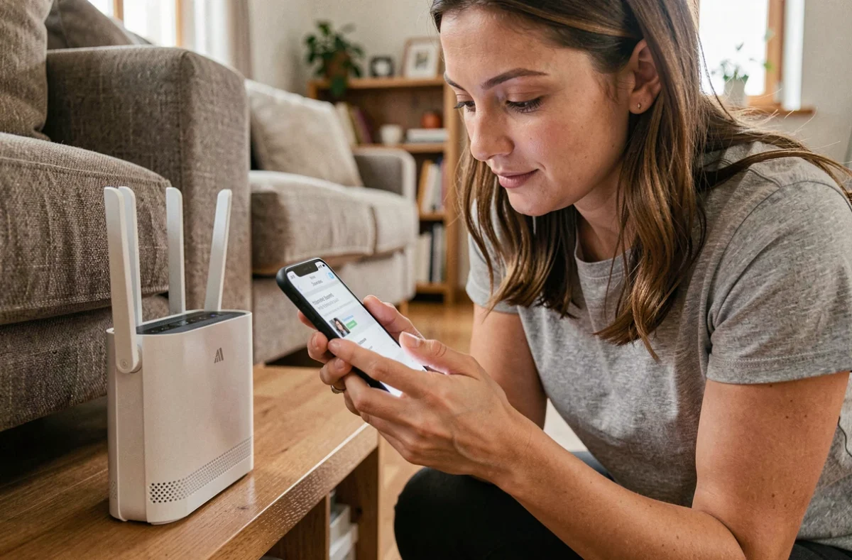 Une femme vérifie les identifiants de sa box internet pour sécuriser l'accès à son interface d'administration